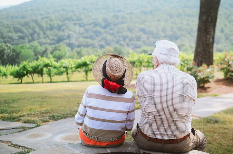 An older couple sits on a stone path overlooking a vineyard and forested hills.